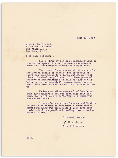 Albert Einstein Letter Signed During WWII -- ''The power of resistance which has enabled the Jewish people to survive...an especially severe test'' -- With PSA/DNA & Beckett COAs, Graded 10 by Beckett